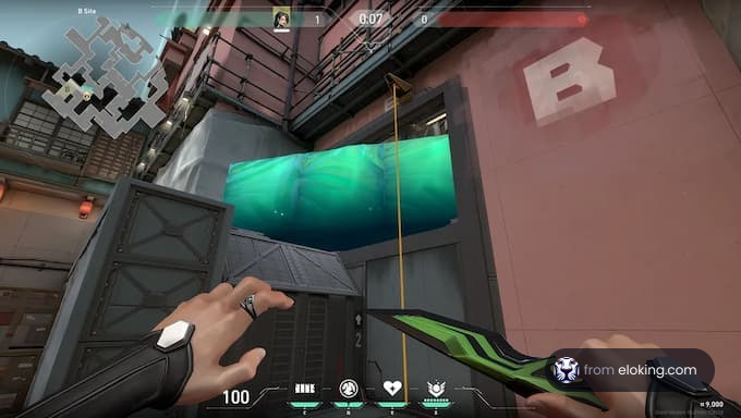First-person view in a video game with interface elements and a tactical knife