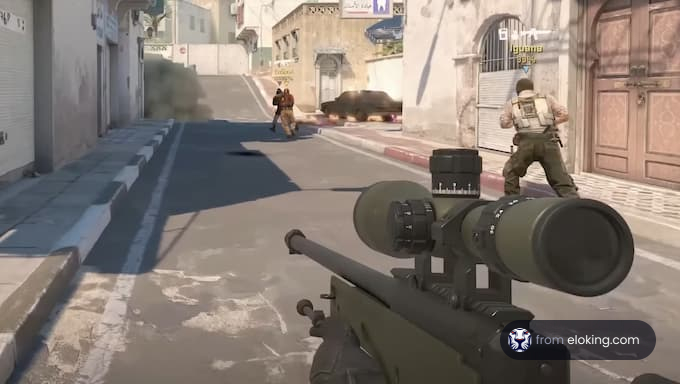 First person view in a shooter game with a sniper aiming down a city street