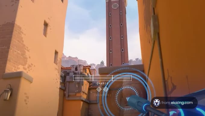 First person shooter game screenshot showing a gameplay interface with a aiming reticle and a tall clock tower in a desert setting