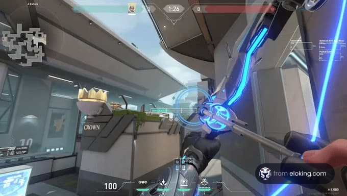 First-person view of a player using a futuristic bow in an FPS game