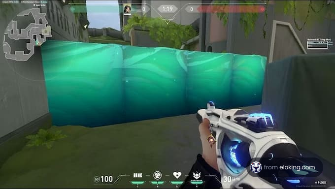 First-person shooter game view with an energy barrier