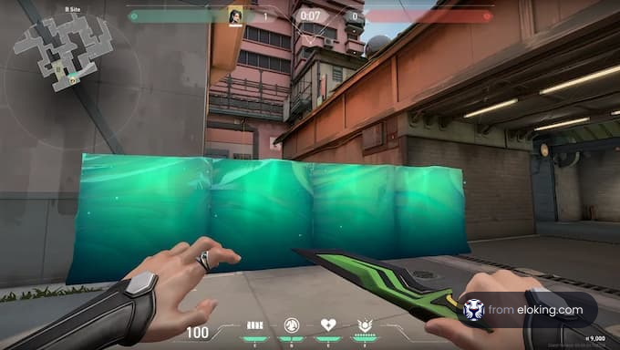 First person view in a shooter game with a glowing green barrier