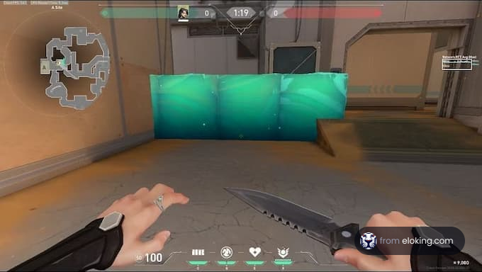 First-person view in a shooter game showing hands holding a knife and a tactical barrier
