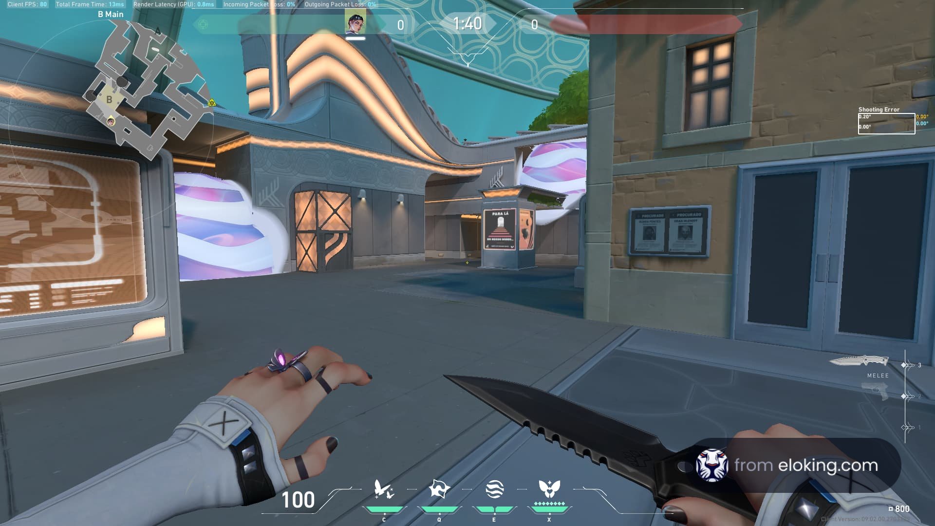 First-person perspective of a player holding a knife in a futuristic game setting