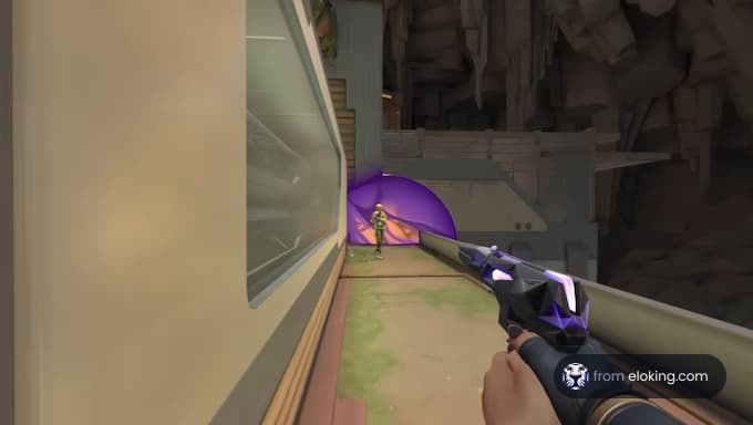 First-person view of a shooter game with a player aiming at an opponent behind a purple shield