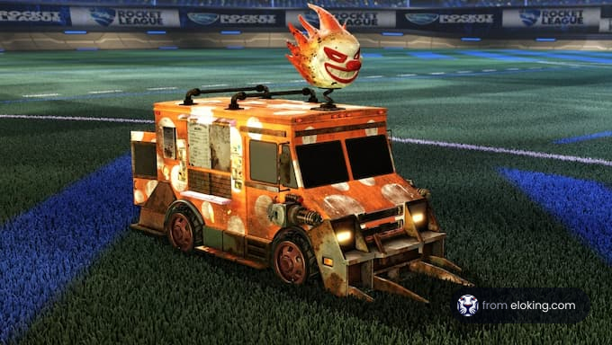 Toy car with a flaming head on a soccer field