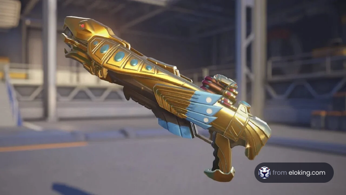 Golden futuristic floating gun with blue details