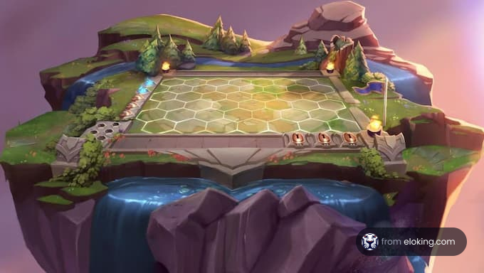 Fantasy game board on a floating island with hexagonal tiles and scenic surroundings