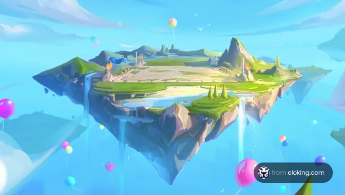 Floating island with balloons in a clear blue sky