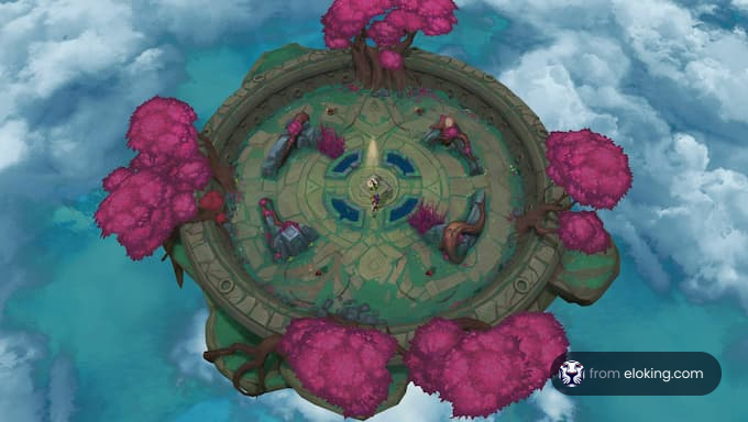 A magical floating island with vibrant pink trees surrounded by clouds