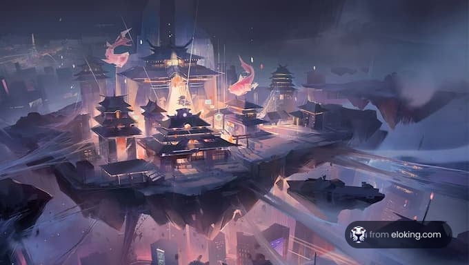 A mesmerizing illustration of floating temples under a night sky.