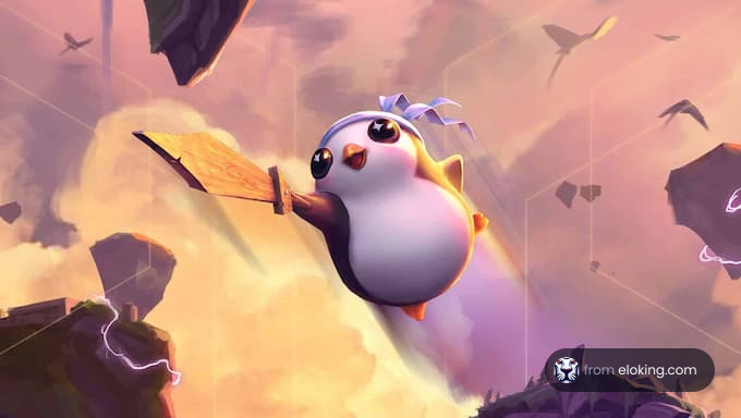 Cute bird flying with a sword in a fantastical sky