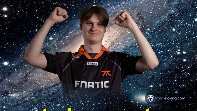 Fnatic esports enthusiast celebrating in a galaxy-themed background
