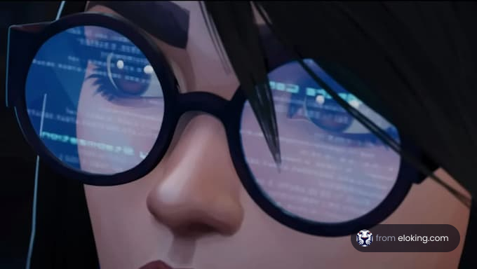 A focused woman with glasses analyzing code on her computer screen.