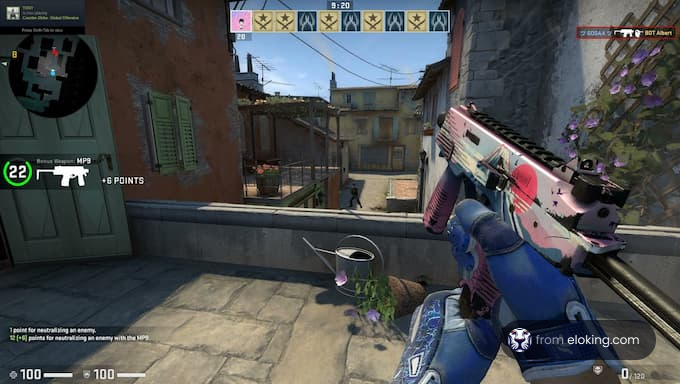 First-person shooter gameplay showing a player with a colorful gun in an Italian map location