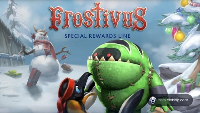 Colorful Frostivus game event illustration with festive characters
