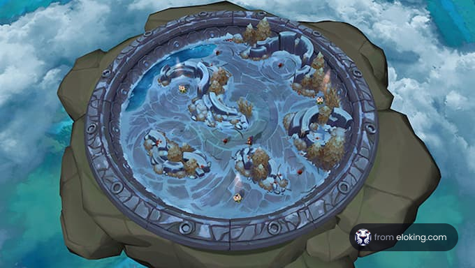 Aerial view of a frozen battle arena in a video game