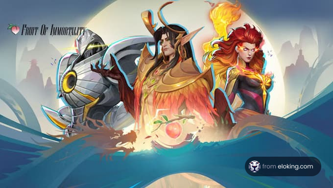 Epic fantasy artwork featuring three characters representing immortality