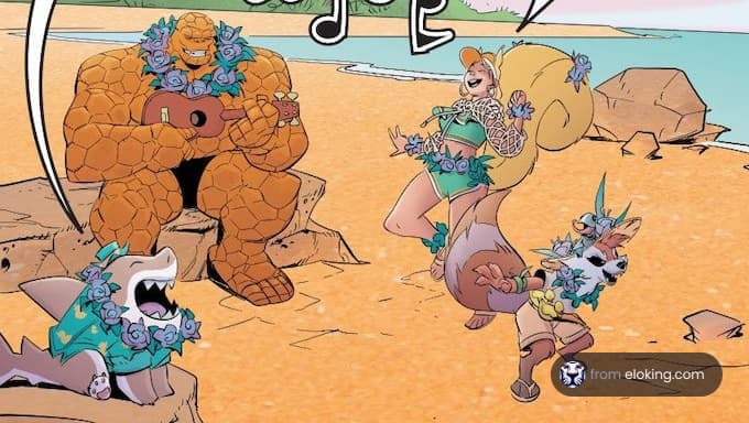 A fun beach party scene with animated characters enjoying music