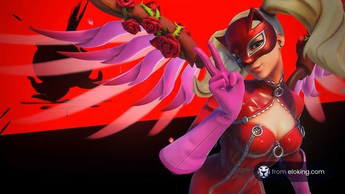 A fun character in a striking costume with roses and wings.