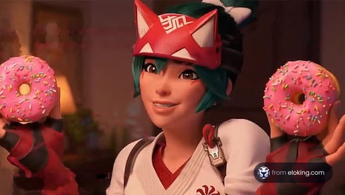 A fun character holding colorful donuts