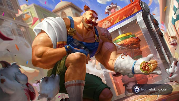 A fun character with muscles enjoying a food festival.