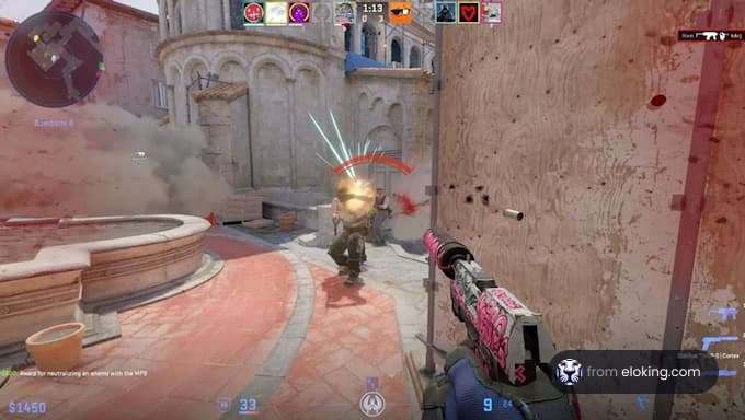 A competitive action game scene with a player shooting an enemy.