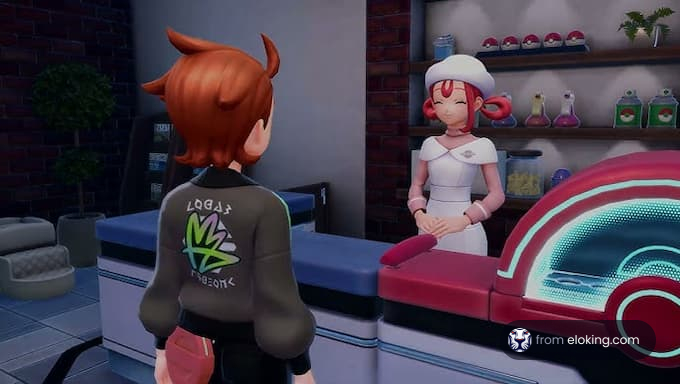 Eine Figur interagiert mit einer Eisdielenbedienung.