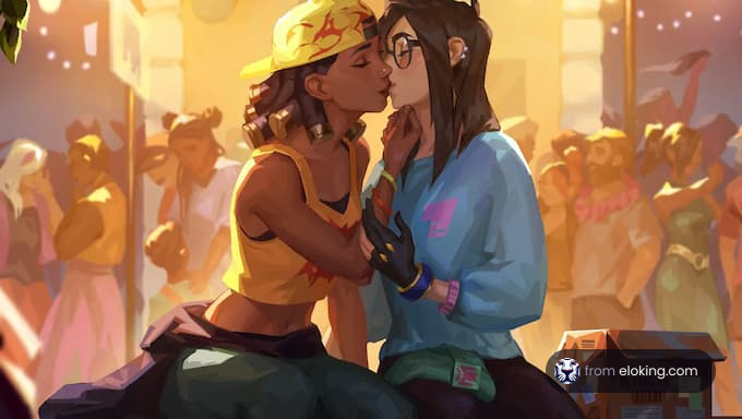 A fun-loving couple kissing in a vibrant festival scene.
