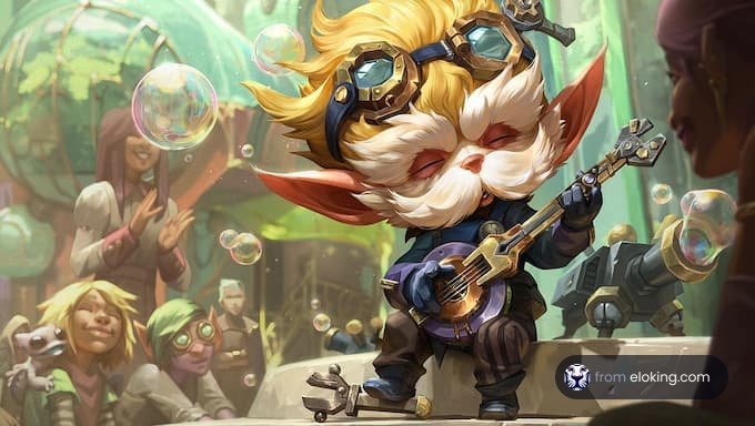 A whimsical gnome playing music surrounded by an enthusiastic crowd.