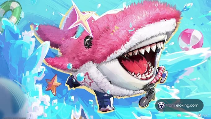 A fun and playful pink shark character swimming in a colorful ocean.