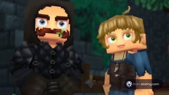 二人のピクセル化されたキャラクターが楽しんでいる