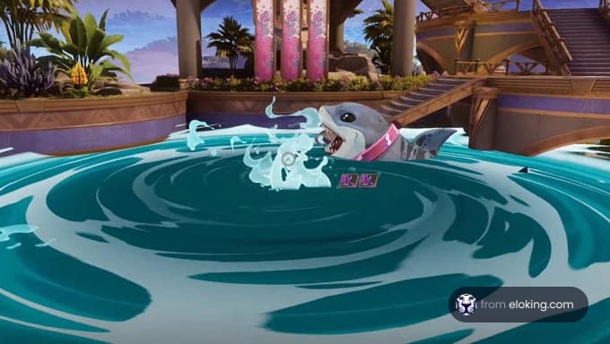 A playful shark swimming in a vibrant pool.