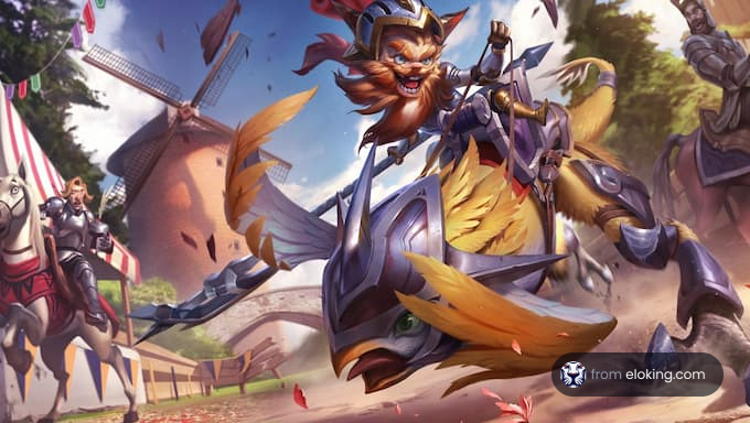A funny animal rider engaging in a fantasy adventure.