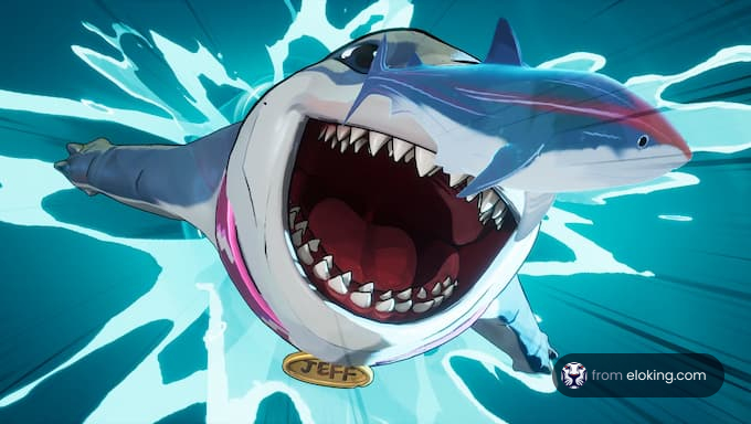 A cartoon shark with a big smile and a name tag swimming energetically.