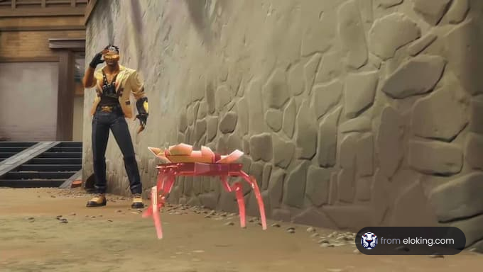 A character interacts with a crab in a fun gaming scene.