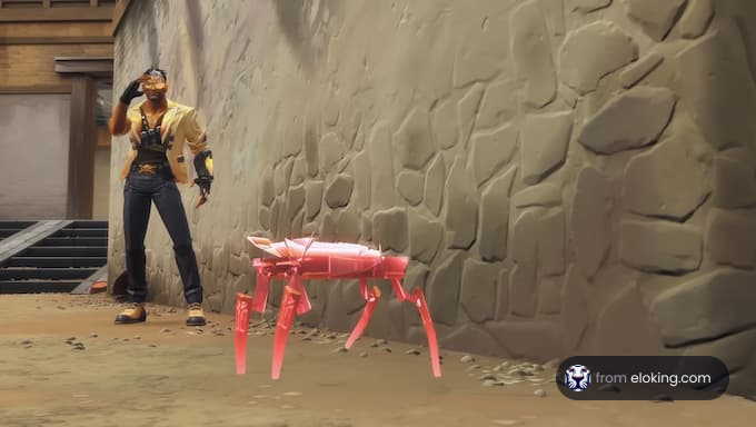 A gamer interacting with a playful pink crab.