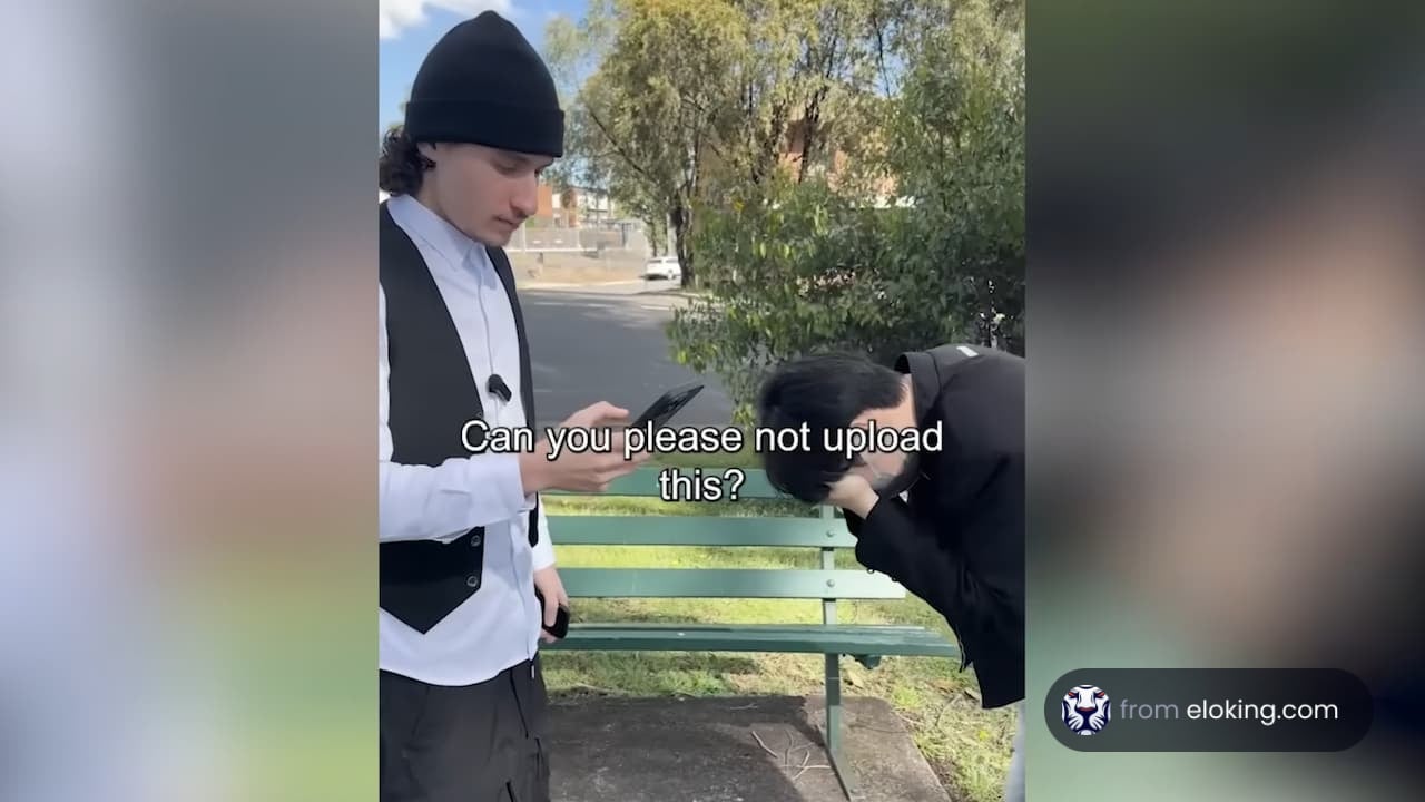A humorous scene where one person asks another not to upload a photo.