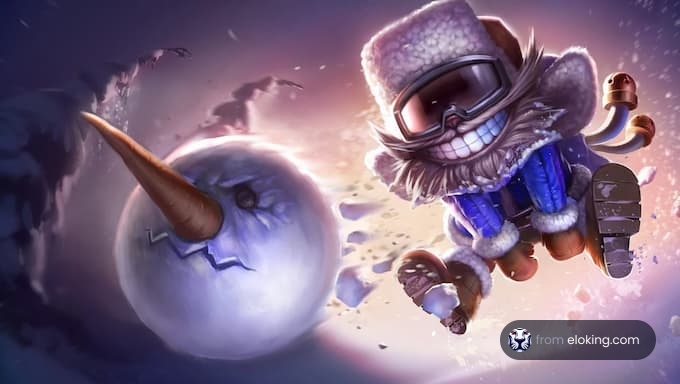 A character joyfully skiing towards a snowman.