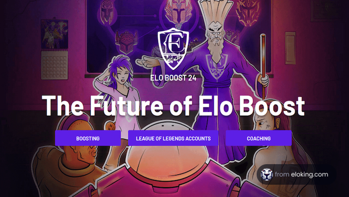 Promotional banner for Elo Boost 24 showcasing various services including boosting, League of Legends accounts, and coaching