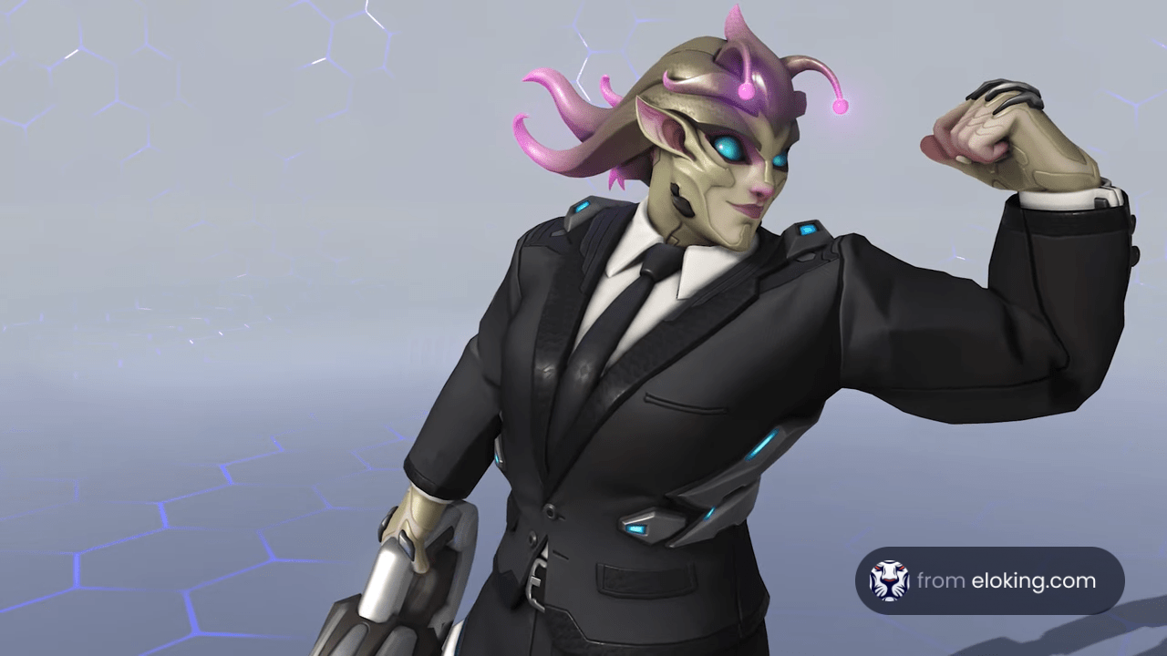 Futuristic alien agent with a suit and pink tentacle hair posing
