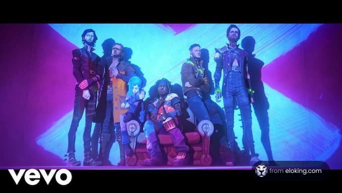 Animated band members standing under vibrant colorful lights