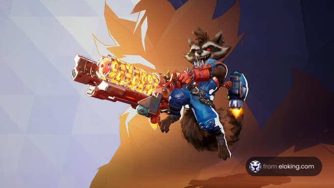 A futuristic anthropomorphic raccoon character wielding a large gun.