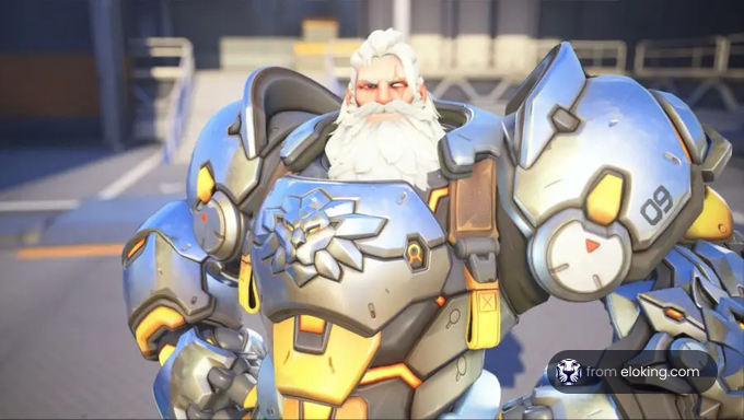 Futuristic armored warrior with white beard in video game