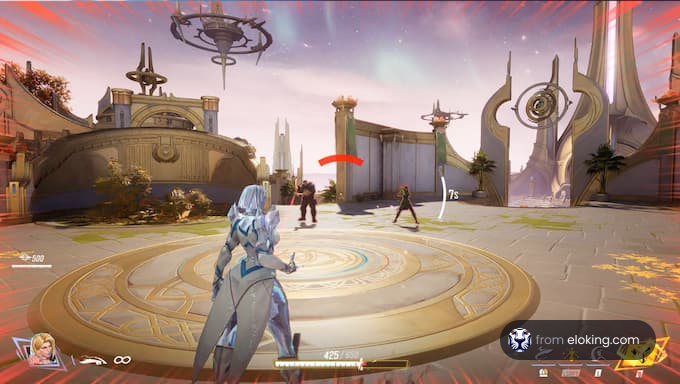 A character ready for battle in a futuristic game environment.