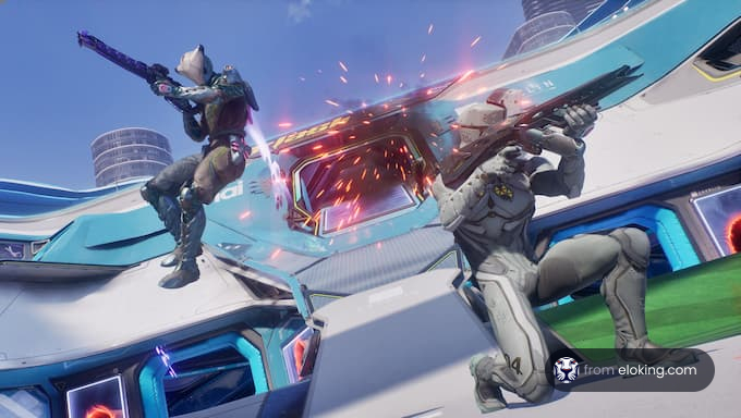 Two characters engaged in a futuristic battle scenario in a video game.