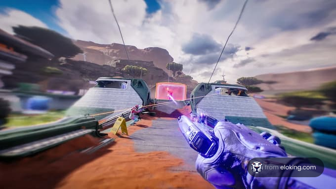 A futuristic battle scenario with vibrant colors and a dynamic perspective in a gaming scene.