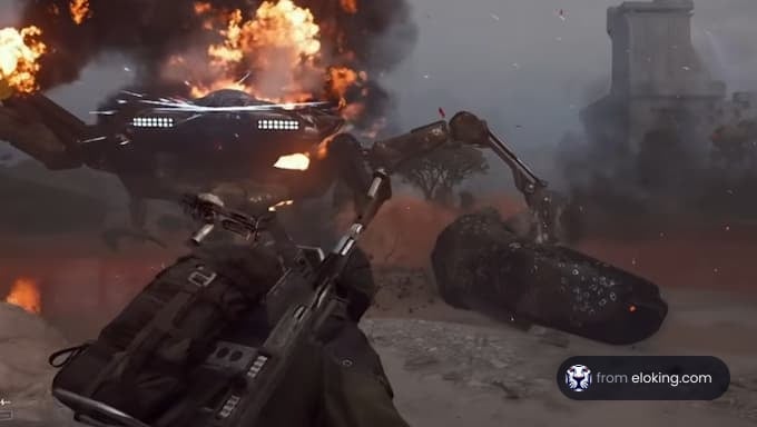 A futuristic battle scenario with a robotic arm and explosions.