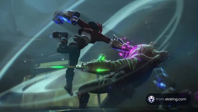 Two futuristic warriors in mid-air combat with glowing blades