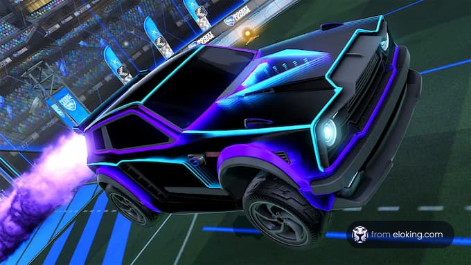 Futuristic blue car with neon highlights on a soccer-like arena